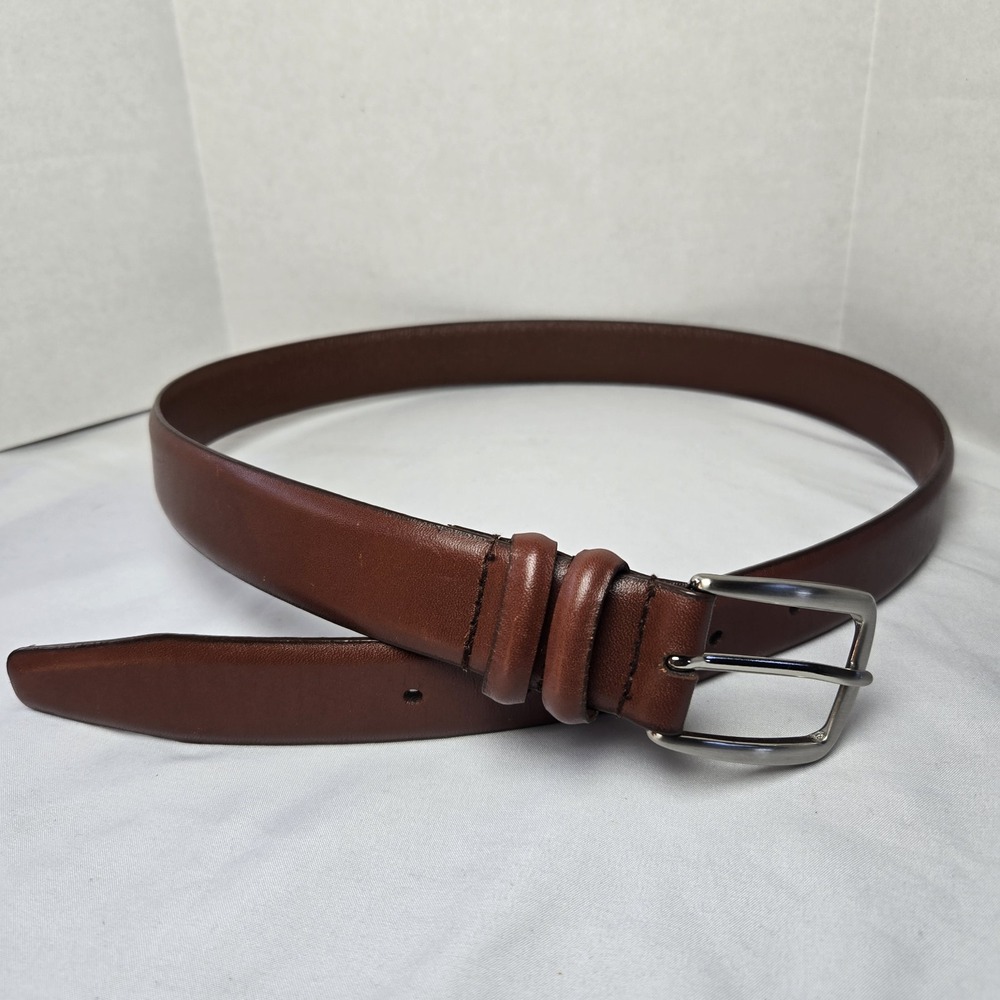 Perry Ellis Full Grain Cowhide Leather Belt Mens 32 Brown Solid Brass Buckle